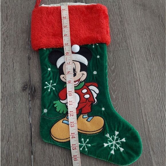 Disney Mickey Mouse Christmas Stocking Green Embroidered Plush Red Cuff - Picture 6 of 6
